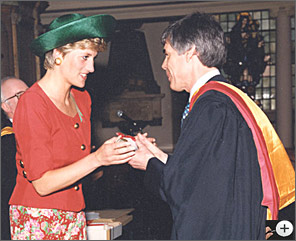 Diana, Princess of Wales, awards The Royal Academy's highest honour to Owen Murray, the Honarary Membership of the Royal Academy in recognition of his work.